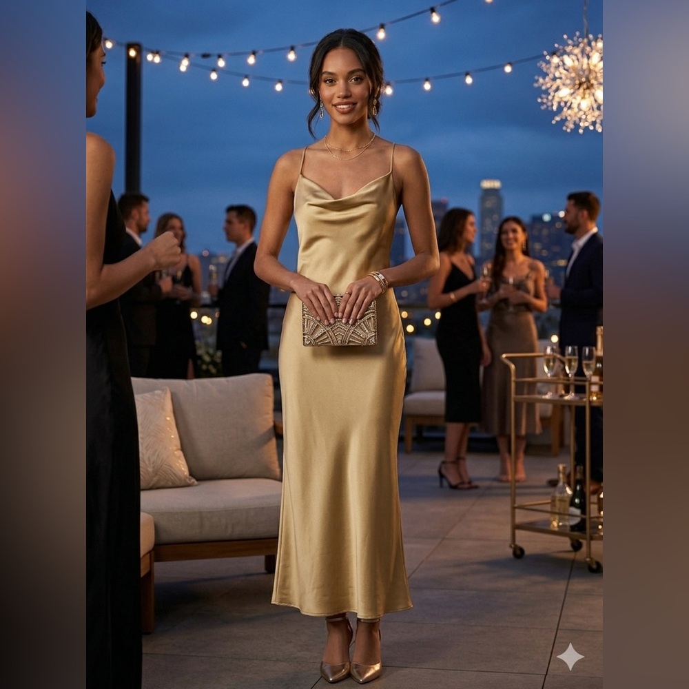Show Me Your MuMu Gold Satin Cowl Neck Slip Dress